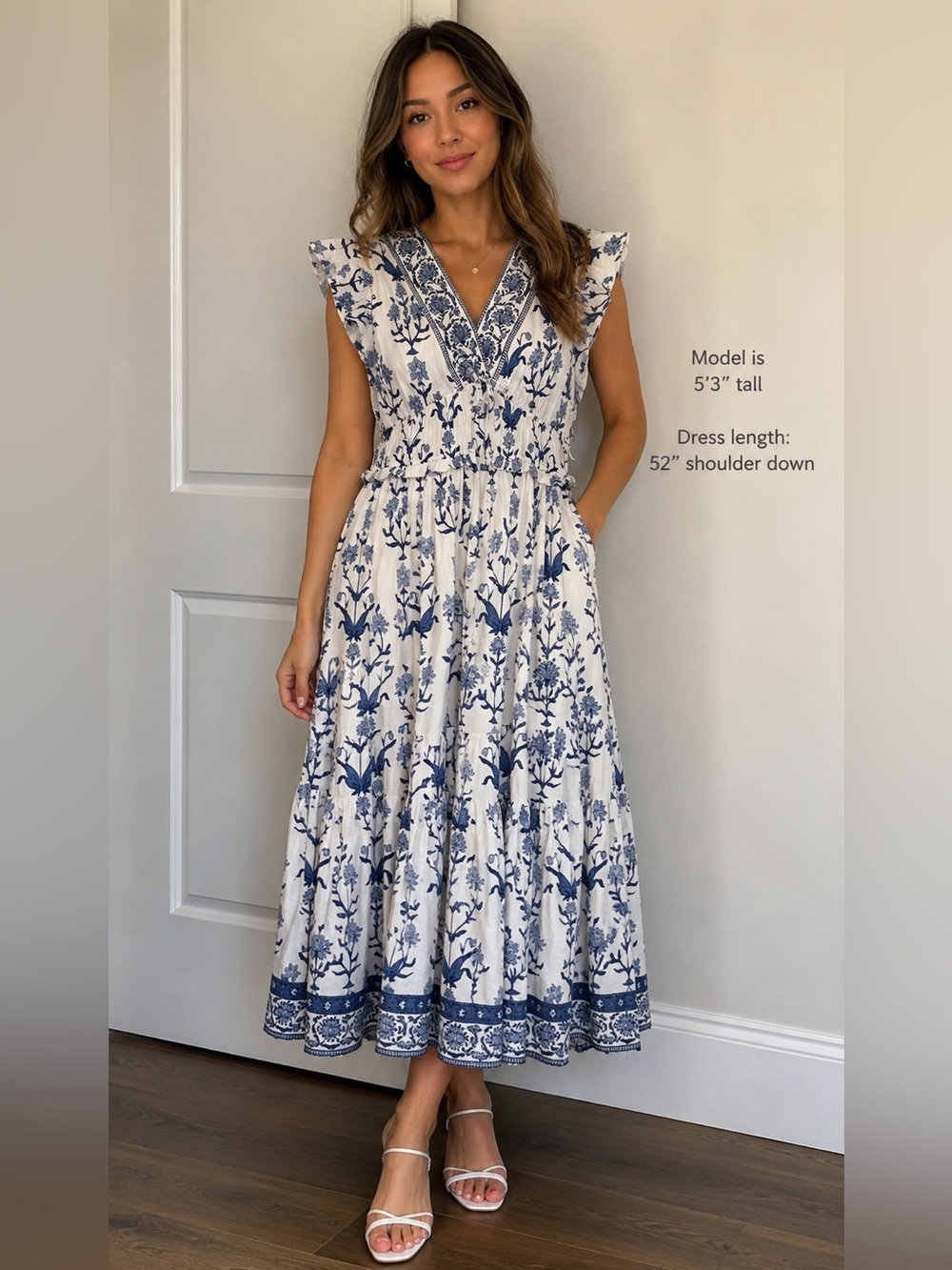 Blue & White Floral Maxi Dress with Pockets Size Medium